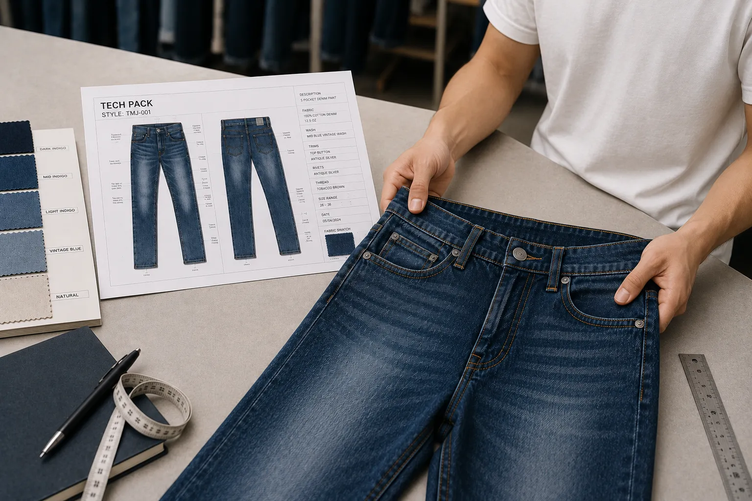 Denim tech pack, fabric swatches, and a sample jean on a development table