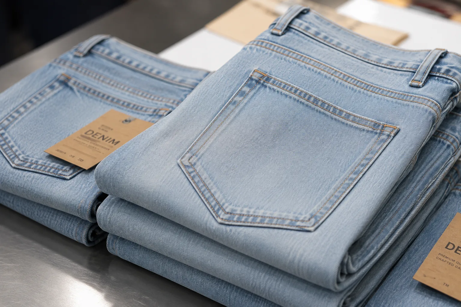 Stacked light-wash denim jeans with a hangtag on a display table